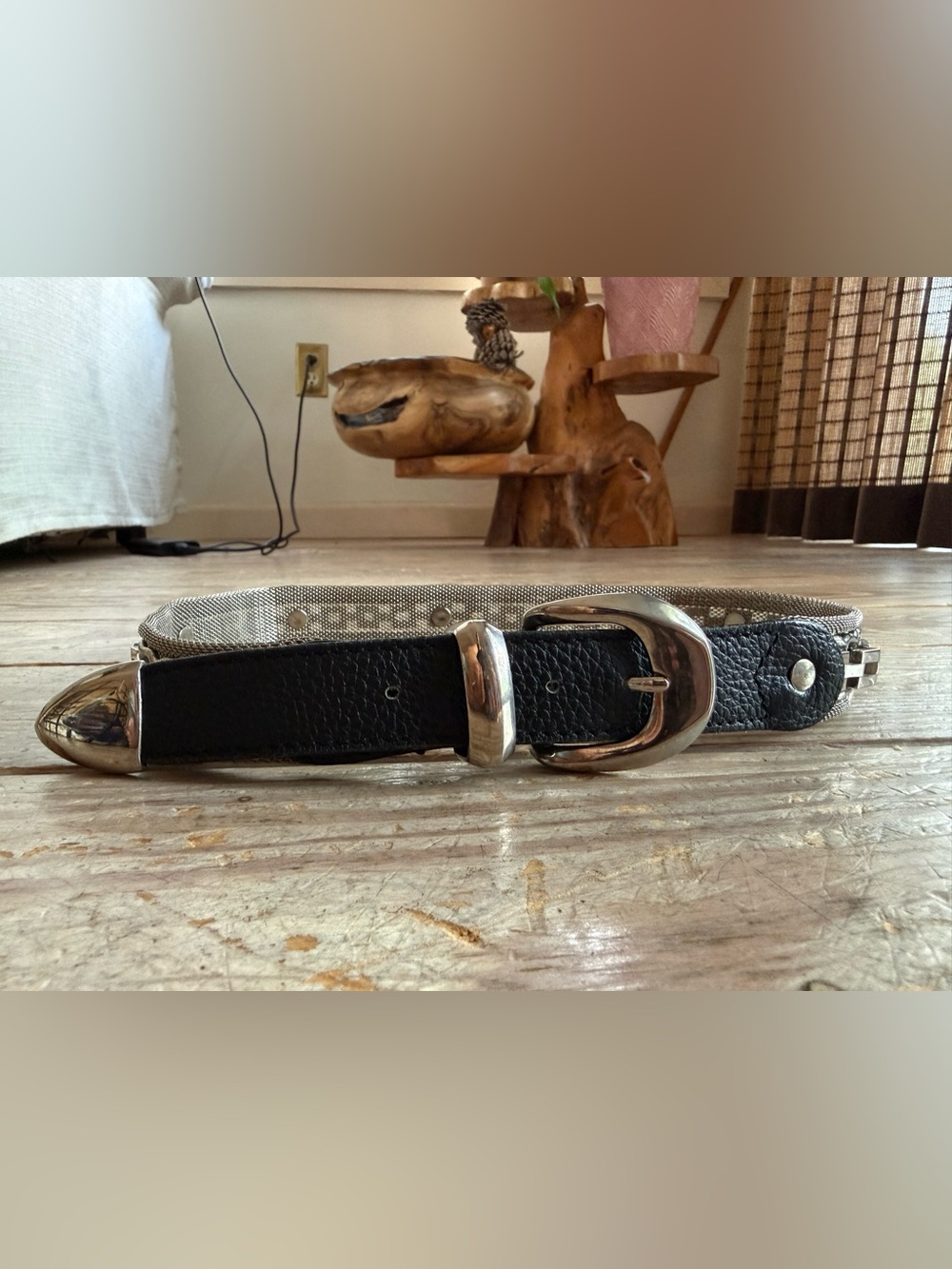 Vintage Silver Mesh Belt with Black Leather Trim xs/s